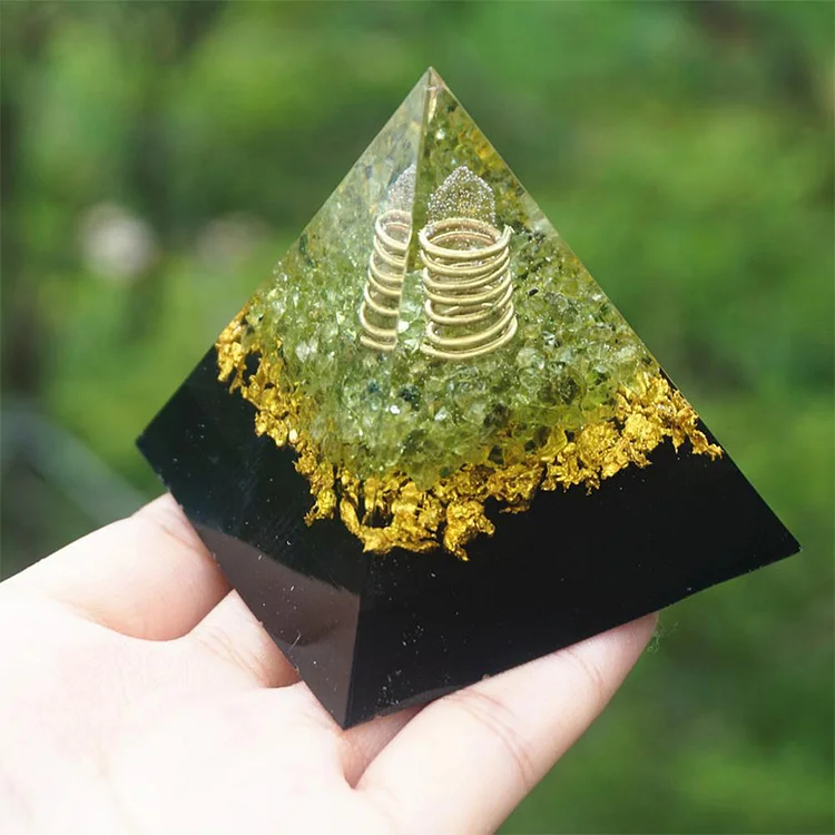 Obsidian with Peridot Remove Negative Energy Orgone Pyramid