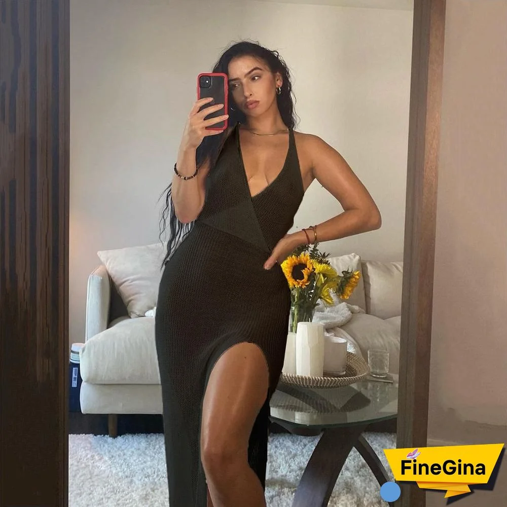 Crochet Beach Maxi Dress for Women See Through Sexy Plunge Backless Bandage Sleeveless Lacing Split Long Dresses