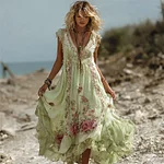 Vintage Boho Pink Roses Lace Flowy Linen Maxi Dress - Image 6