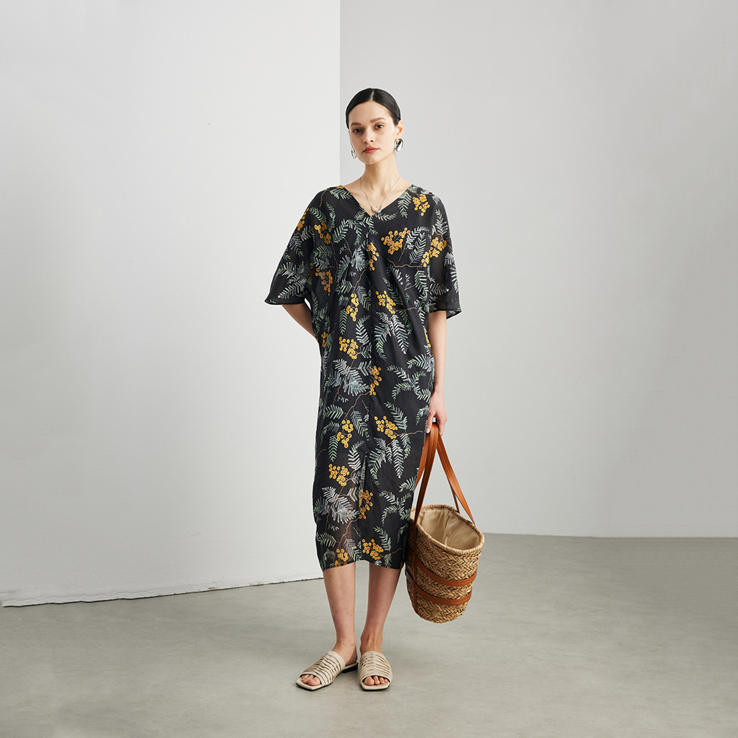 Linen Midi Dress Women 100% Ramie Floral V Neck Summer Dress Breathable REAL SILK LIFE