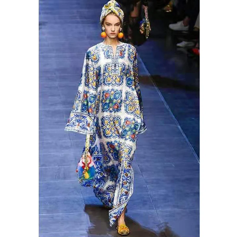 Bohemian Beach Skirt Blue and White Porcelain Evening Dress Printed Dress