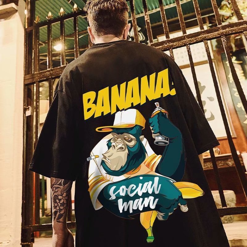 Hip Hop Loose Banana Print Short sleeves Crew Neck T-shirts-VESSFUL