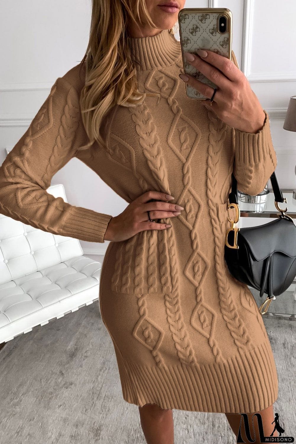 MidiSono - Beige High Neck Textured Bodycon Sweater Dress