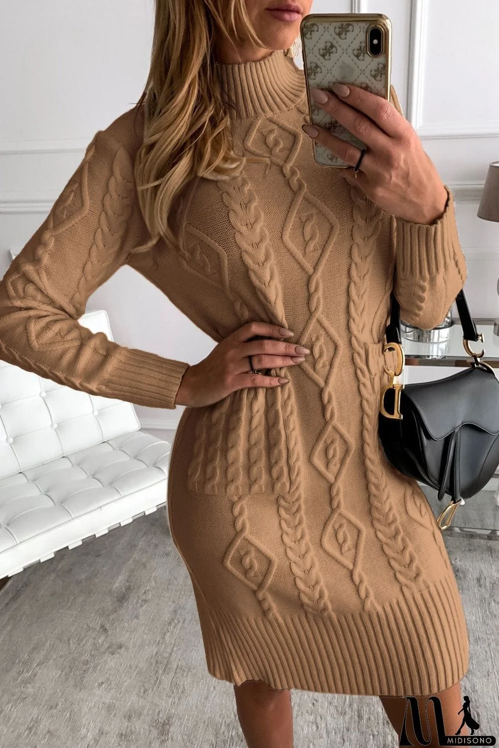MidiSono - Beige High Neck Textured Bodycon Sweater Dress