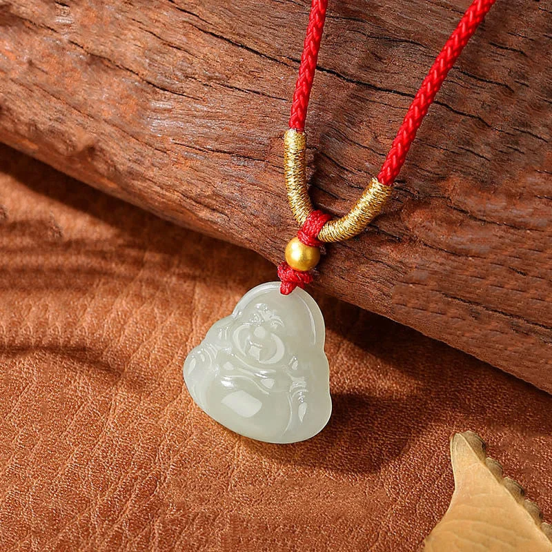 18k Gold Plated Natural Hetian Jade Laughing Buddha Wealth String Necklace Pendant