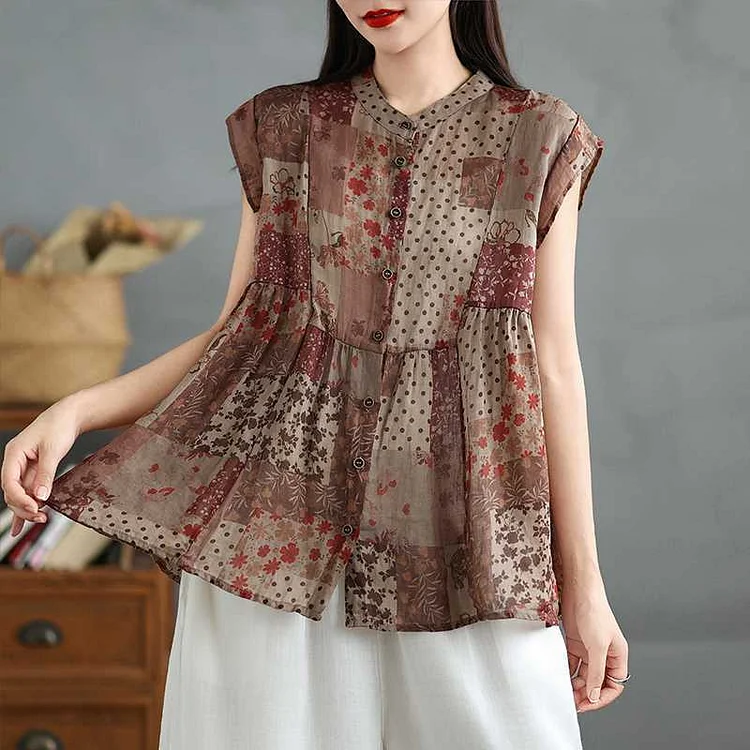 Literary Print Splicing Sleeveless Lace Blouse