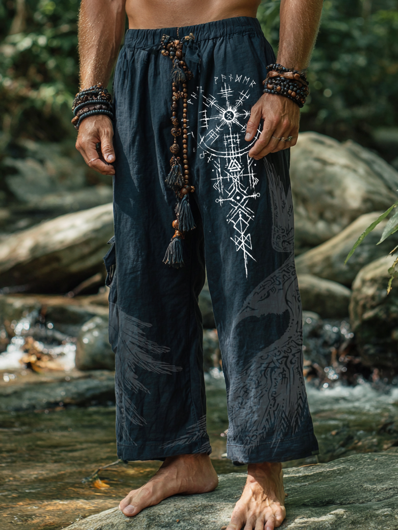 Men's Viking Holiday Style Vintage Nordic Rune Raven Totem Casual Linen Pants / Rvogue / Rvogue