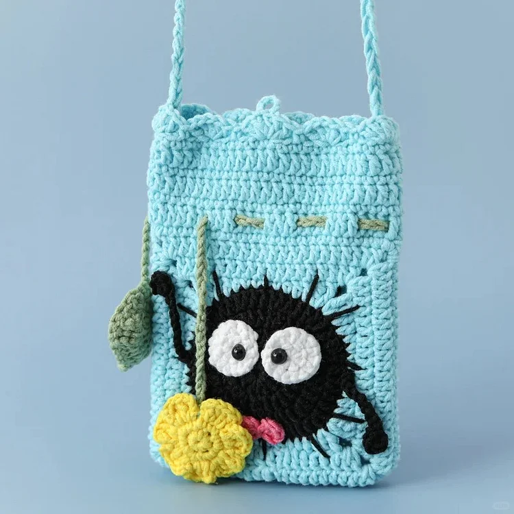 Lulusnow Handmade Blue Googly Eye  Crochet Crossbody Bag Phone Bag