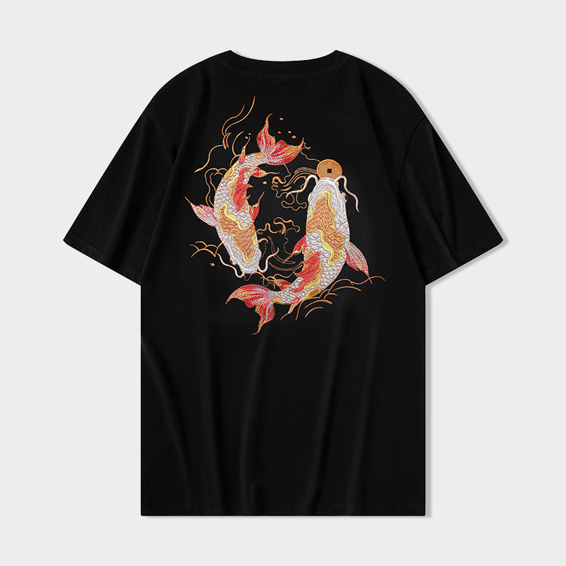 Koi Embroidery Round Neck Short-sleeved Cotton T-shirt