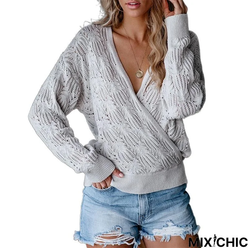 Knitted Solid Color Long Sleeve Hollow Top