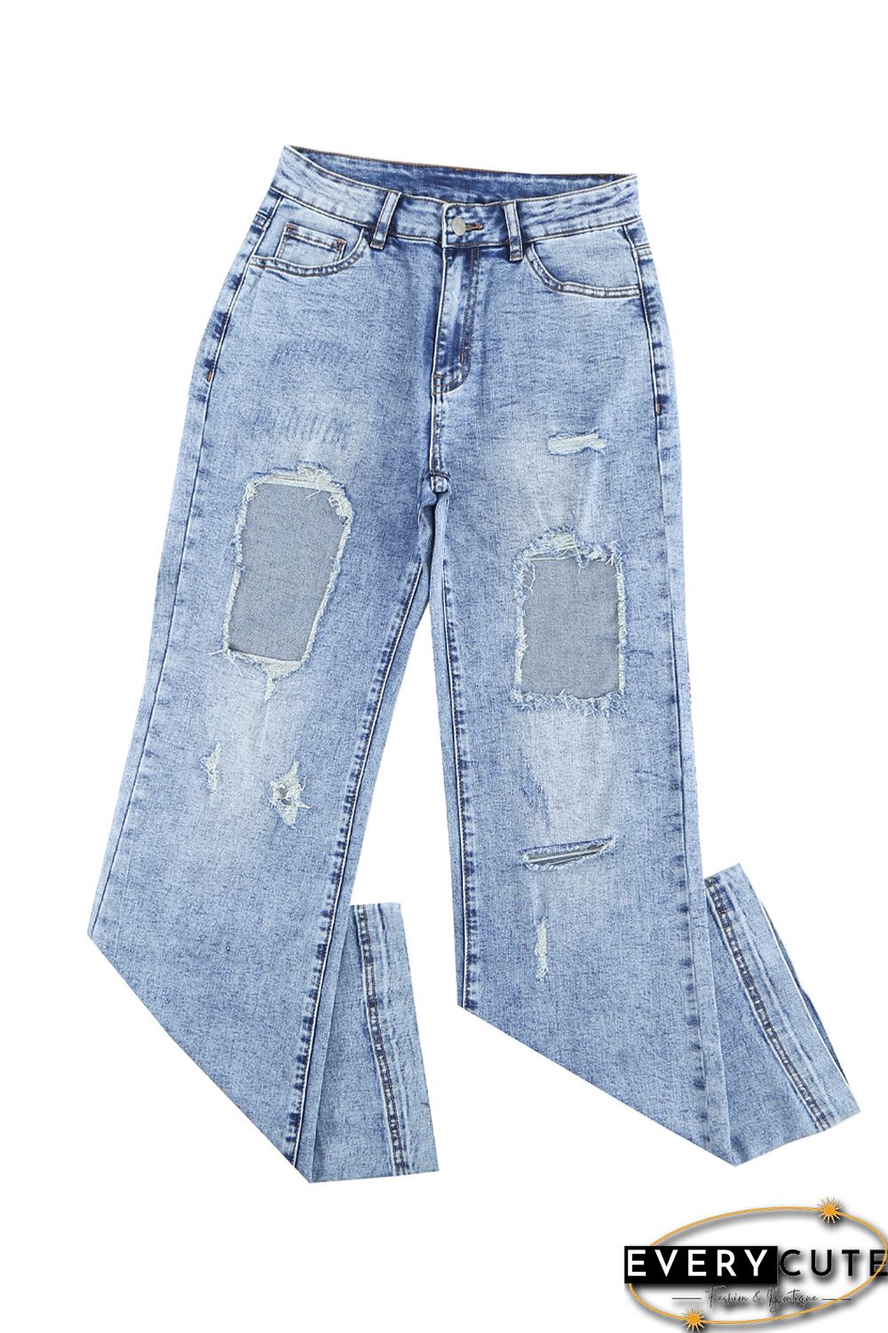 Light Blue Washed Holes Ripped Wide Leg Jeans