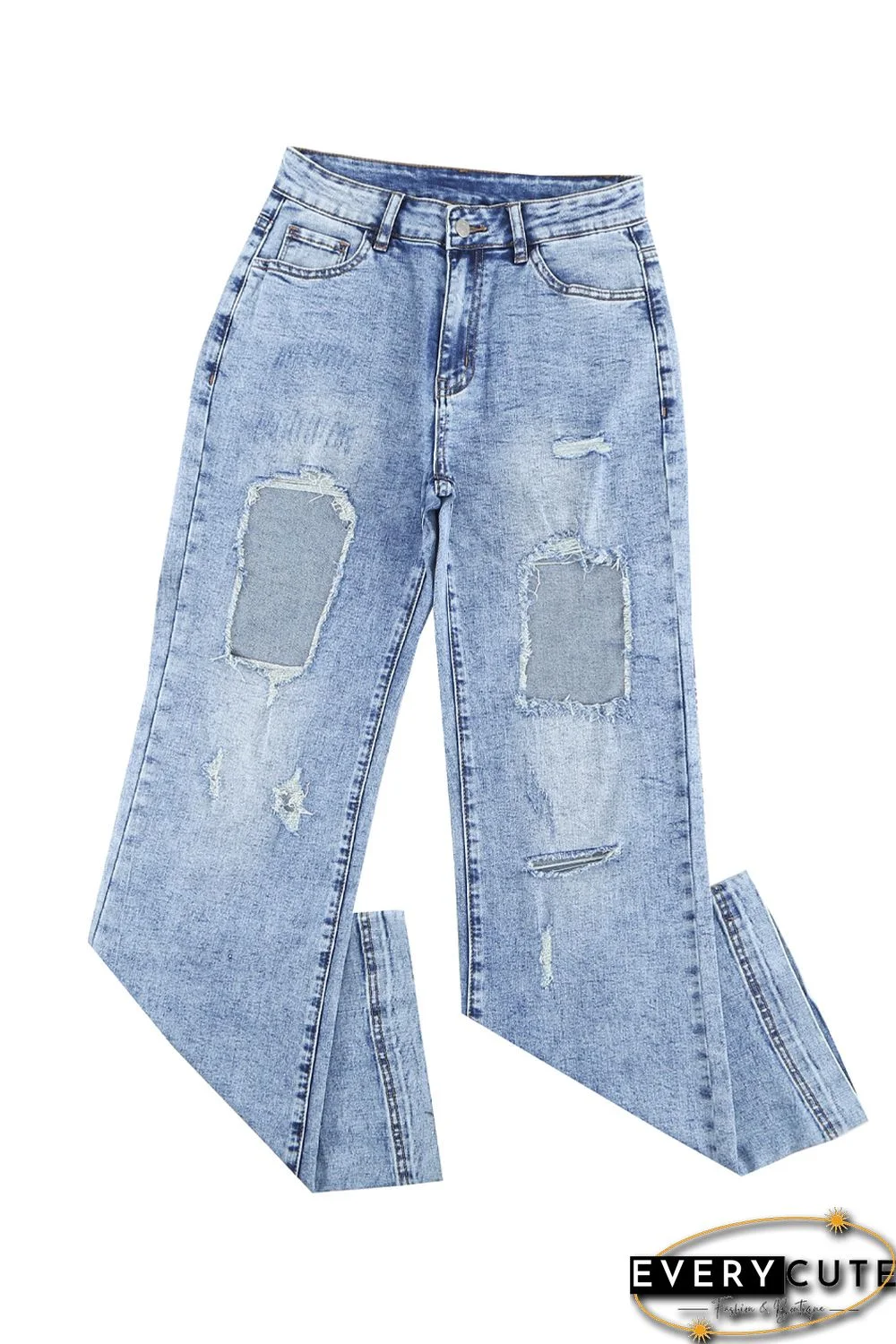 Light Blue Washed Holes Ripped Wide Leg Jeans