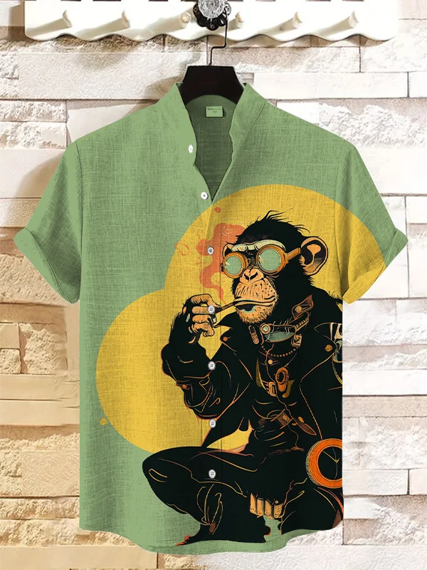 Men's Retro Cyber Gorilla Smoking Art Print Casual Shirt