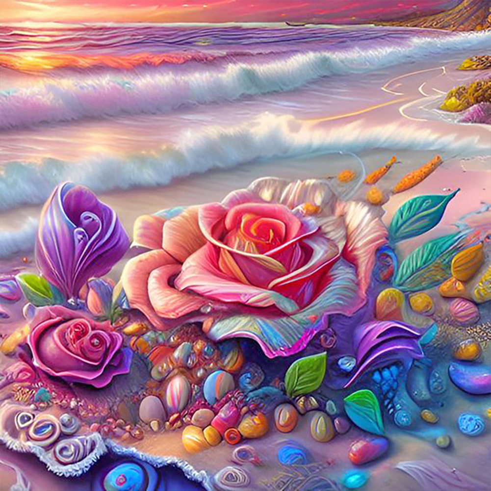 Colorful Beach With Roses 30*30CM (Canvas) Full Round Drill Diamond Painting gbfke