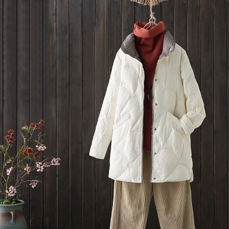Woherb Autumn And Winter Light Down Jacket Female Long White Duck Velvet Fashion Foreign Style Retro Auspicious Cloud Standing Collar Coat Tide-Outfit Ideas