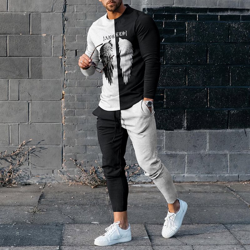 Asymmetrical Black And White Angel T-Shirt And Pants Co-Ord