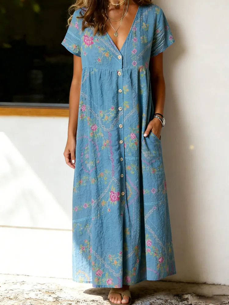 Women&rsquo;s Vintage Casual Short Sleeve Cotton Dress With Pockets
