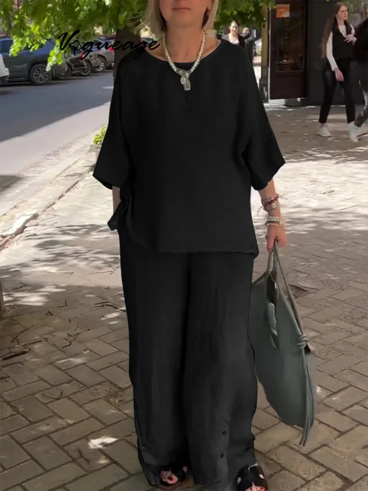 Fashionable Casual Irregular Three-Quarter Sleeve Wide-Leg Pants Cotton And Linen Two-Piece Suit