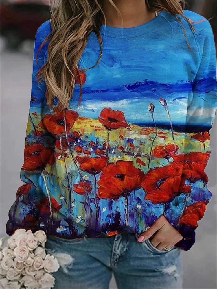 Artwishers Poppy Floral Oil Painting Print Sweatshirt