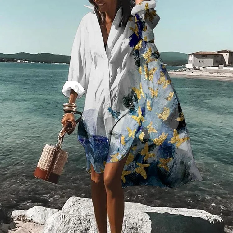 Women's  Seaside Holiday Butterfly print Loose Casual Shirt Dress