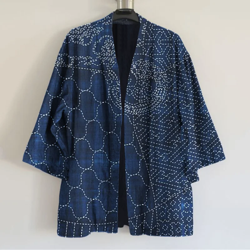 Japanese Traditional Sashiko Art Print Linen Blend Kimono Cardigan