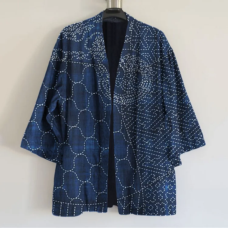 Japanese Traditional Sashiko Art Print Linen Blend Kimono Cardigan