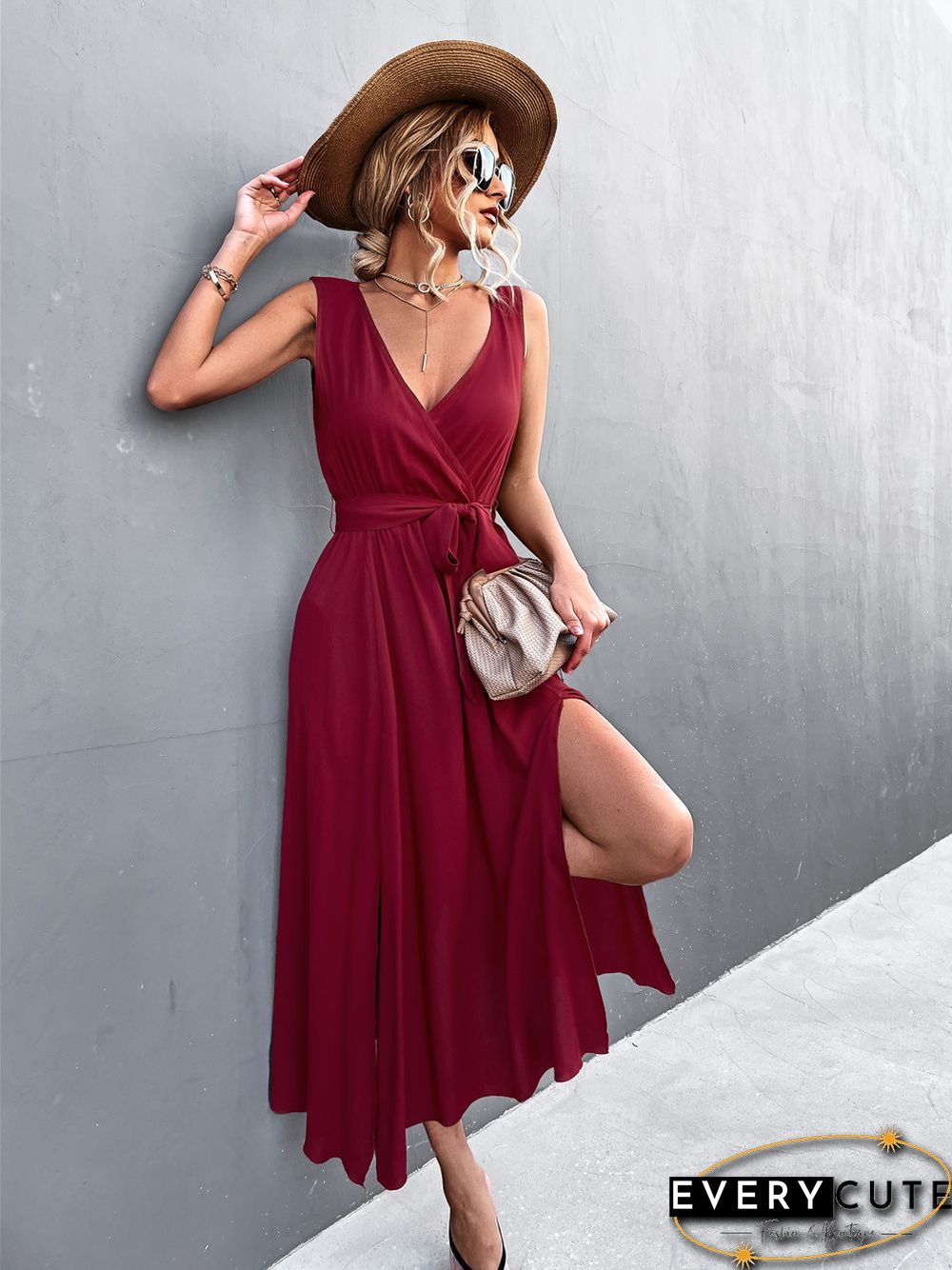 Sexy V-neck Cross Strap Sleeveless Slit Dress Black Dresses