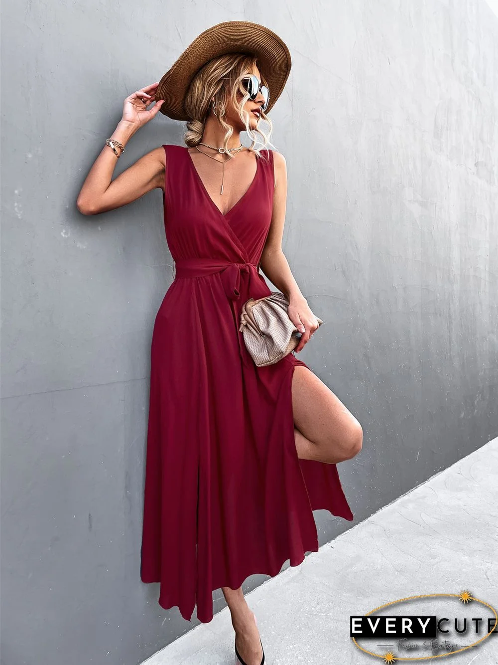 Sexy V-neck Cross Strap Sleeveless Slit Dress Black Dresses