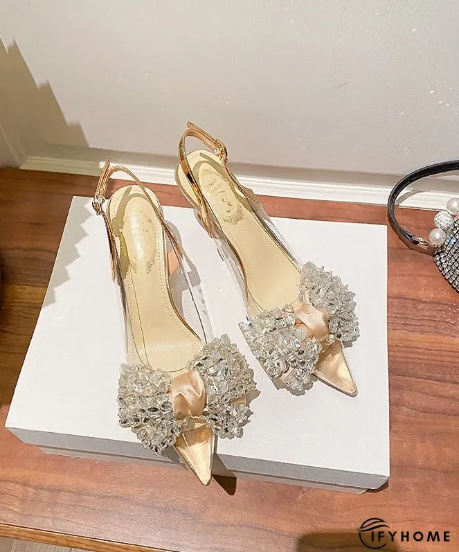 Bow Zircon Pointed Toe Stiletto Heels Sandals New Champagne | IFYHOME