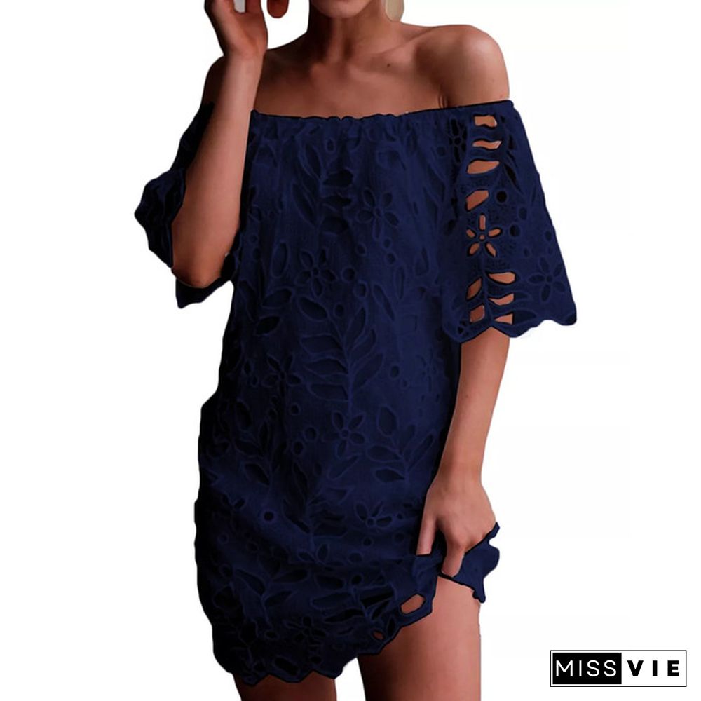 Elegant Women White Black Hollow Out Lace Slim Party Dress