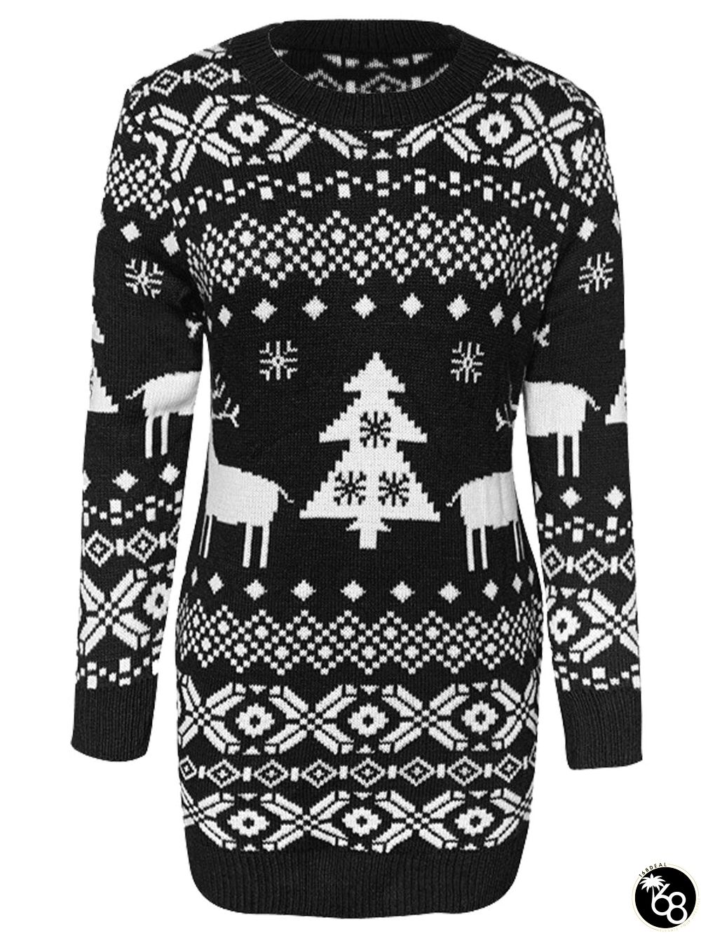Christmas Sweater Long Sleeve Reindeer Tree Snowflakes Patterns Knit Sweater Dress | 168DEAL