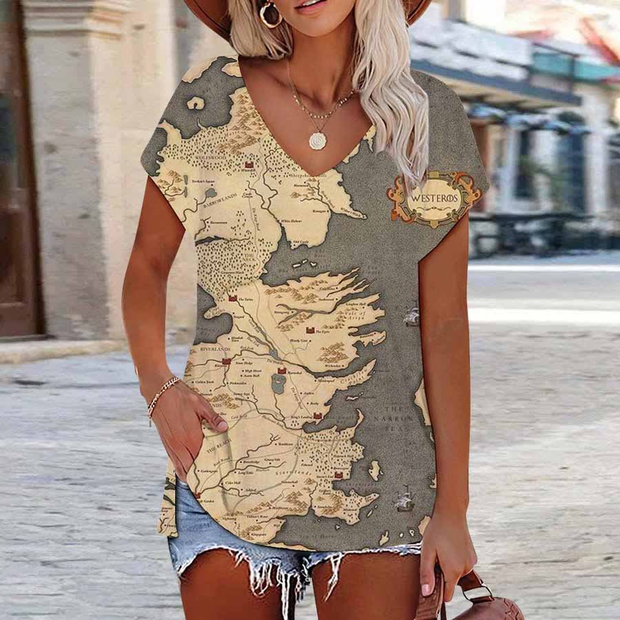 Women's Loose Casual Map Print V-Neck Short Sleeve T-Shirt