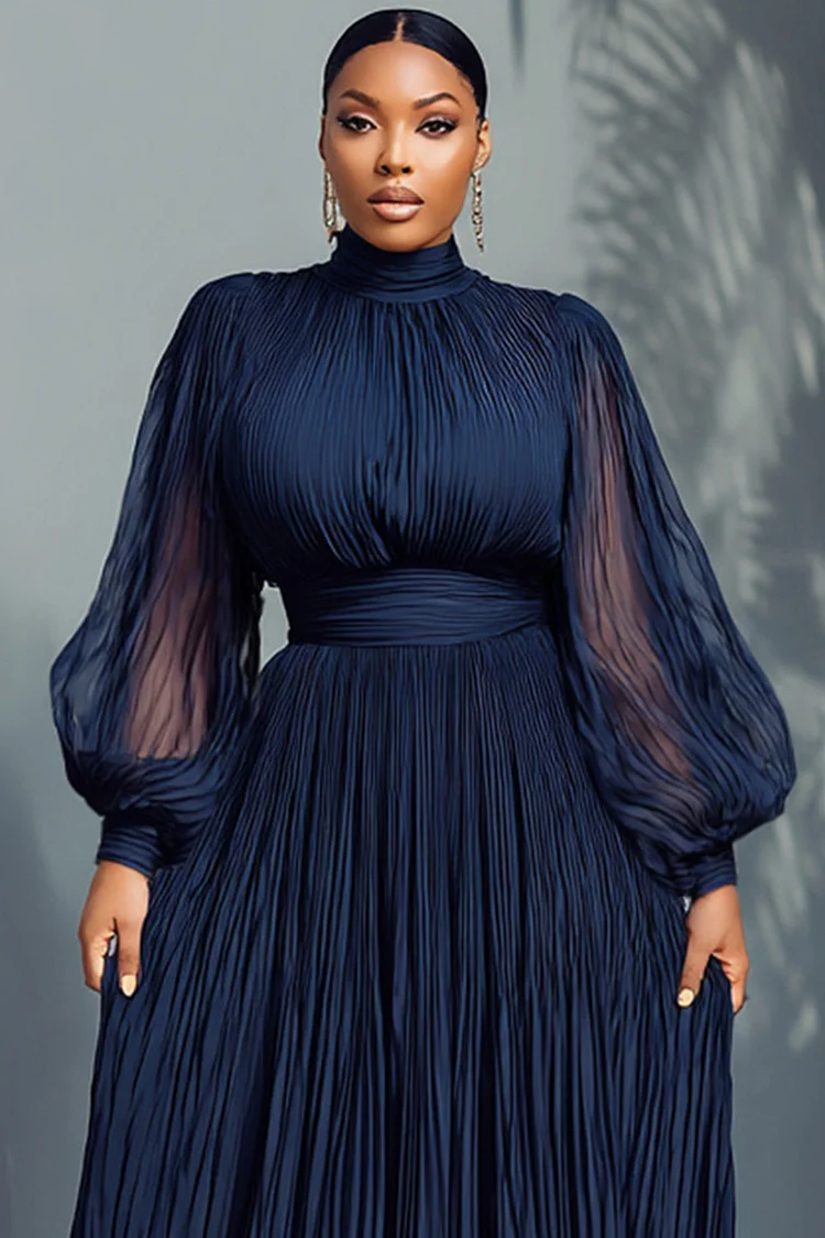 Xpluswear Design Plus Size Churchs Navy Blue Mock Neck Lantern Sleeve Long Sleeve See Through Elegant Ruffled Midi Dresses [Pre-Order]