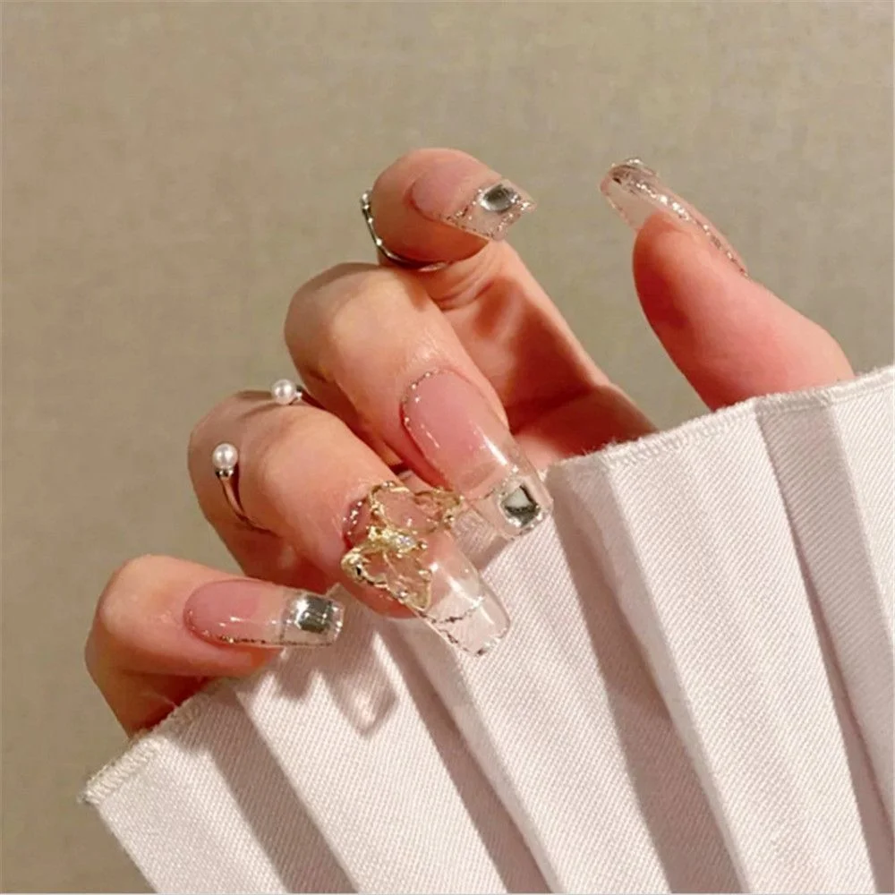 24pcs Crystal Butterfly False Nails Artificial Fake Nail Long Full Cover Nail Art Fashion Manicure Patch Tips With Jelly Gum