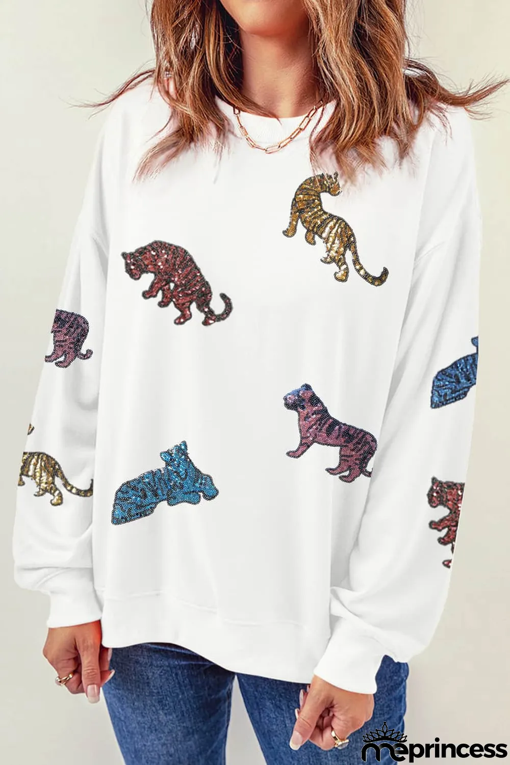 Beige Sequined Tiegers Casual Round Neck Sweatshirt