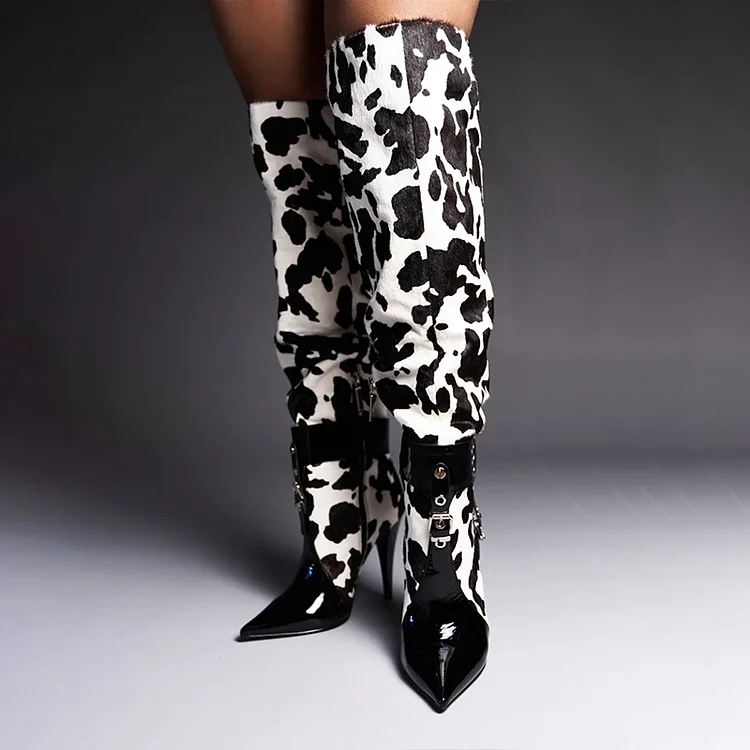FSJ Black and White Cow Print High Heel Pointed Toe Knee-High Boots |FSJ Shoes
