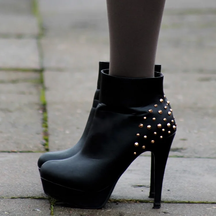 Black Studs Platform Stiletto Heel Ankle Boots Vdcoo
