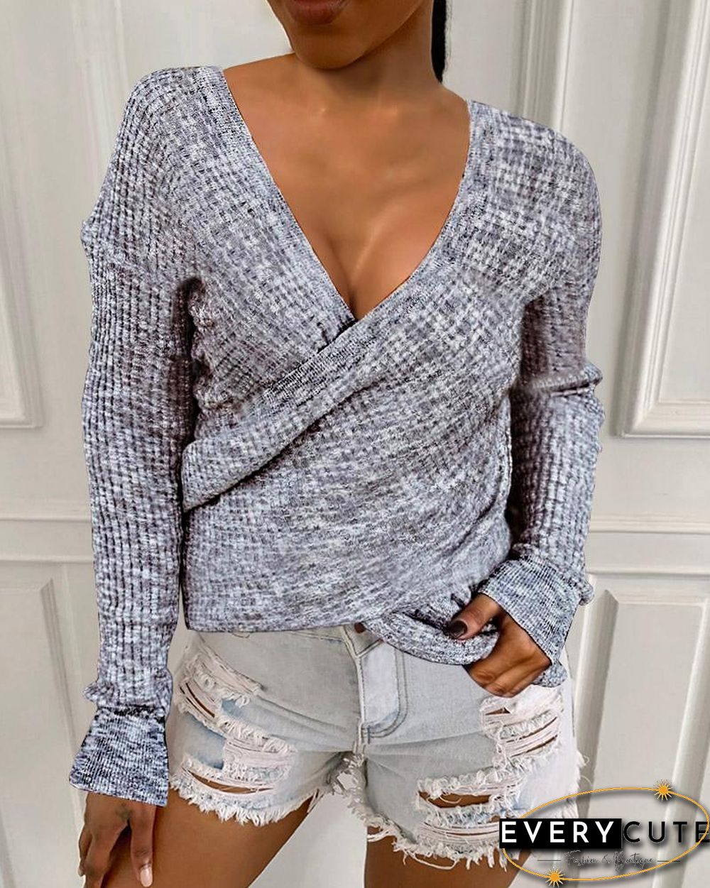 Long Sleeve Ribbed Surplice Casual Sweater