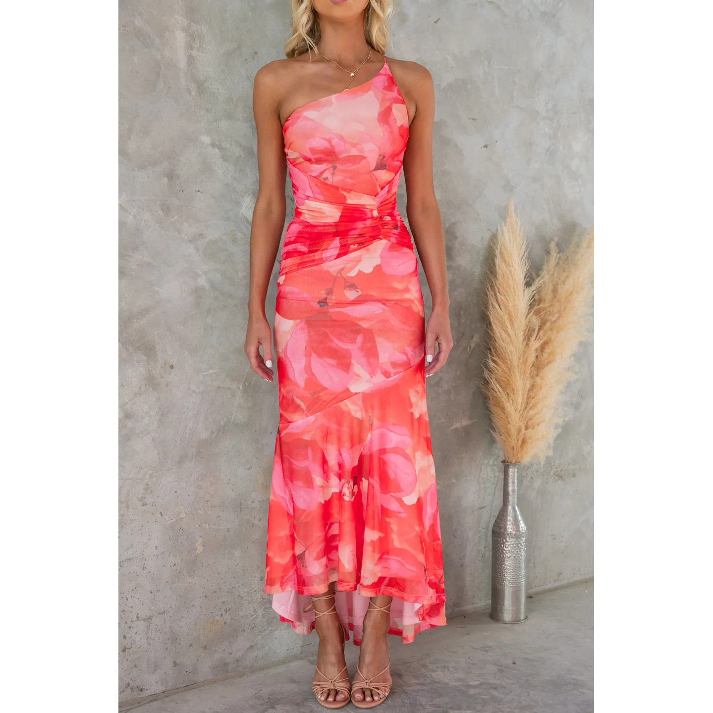 Mature Women Flowers Print One-shoulder Dress Summer INS Casual Suspender Long Dresses