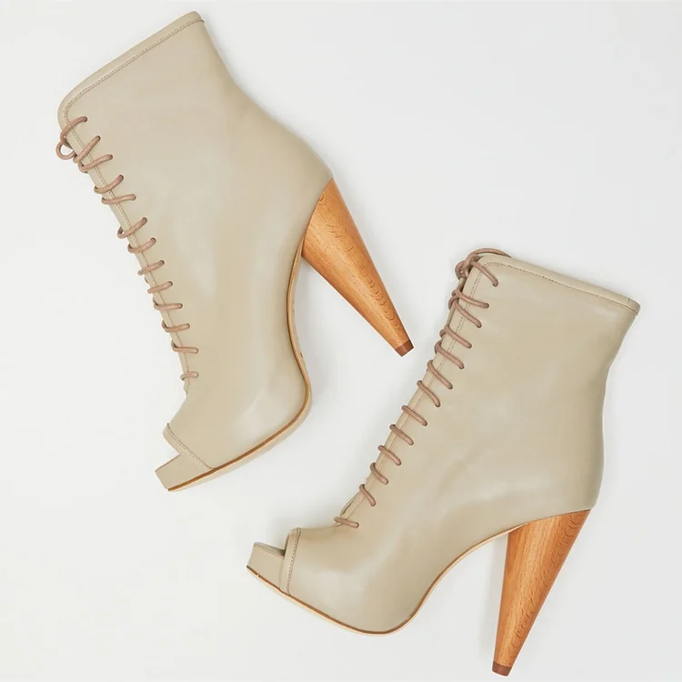 Beige Cone Heel Lace Up Boots Platform Peep Toe Booties |FSJ Shoes