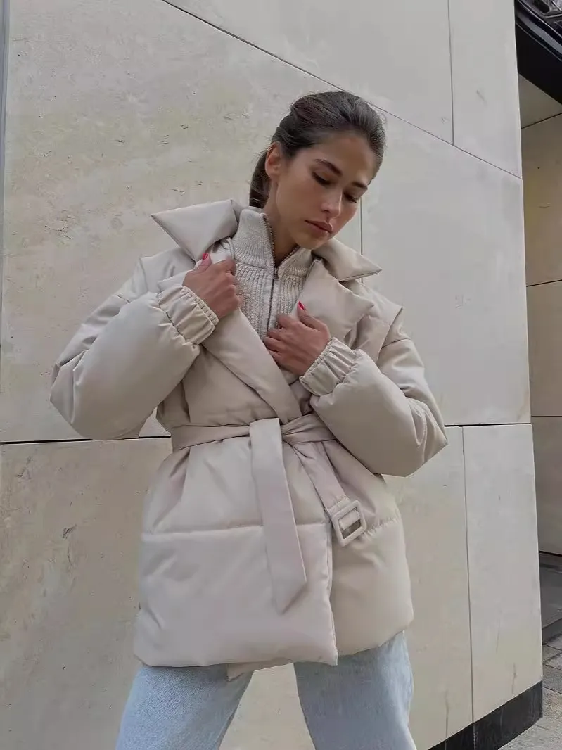 Nigikala Nigikala Winter New Thickened Collared Waist Cotton Coat Thin Solid Cotton Coat Woman