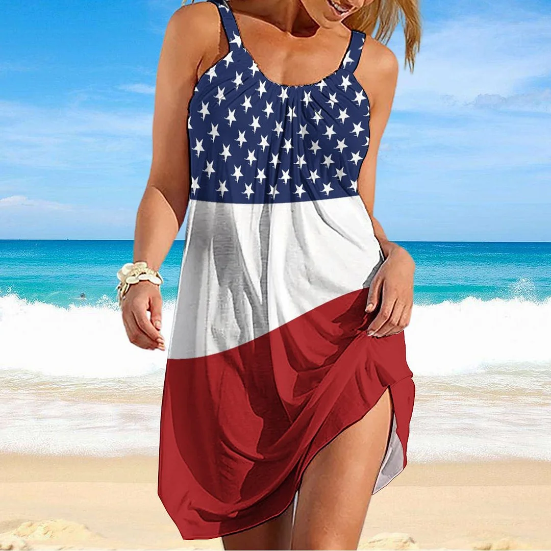 Women Beach Dress Sleeveless O-neck Casual Plus Size Mini Dress in Pattern American Flag, Stars, Red, White