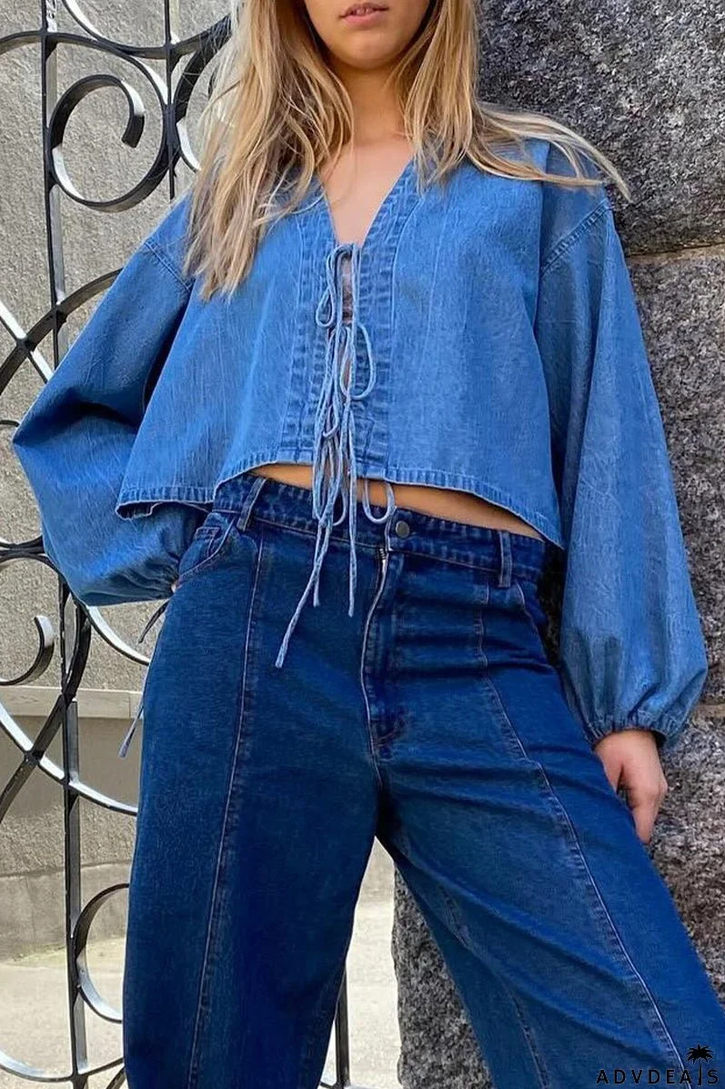 Casual solid color outerwear with lace-up and V-neck