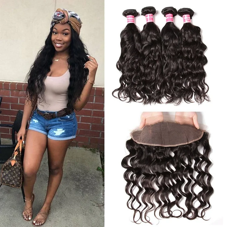 Malaysian Natural Wave 4 Bundles with 13*4 Ear to Ear Lace Frontal Closure Deals