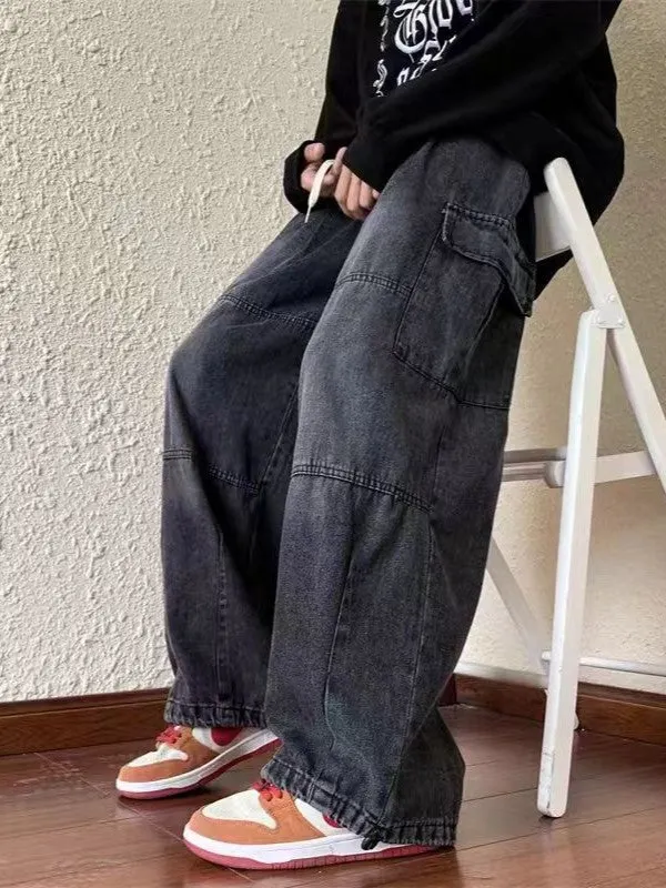 Brownm vintage cargo jeans for men with patch pockets