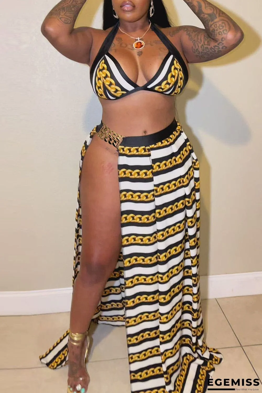 Black Yellow Sexy Print Patchwork Slit Asymmetrical Halter Sleeveless Two Pieces | EGEMISS
