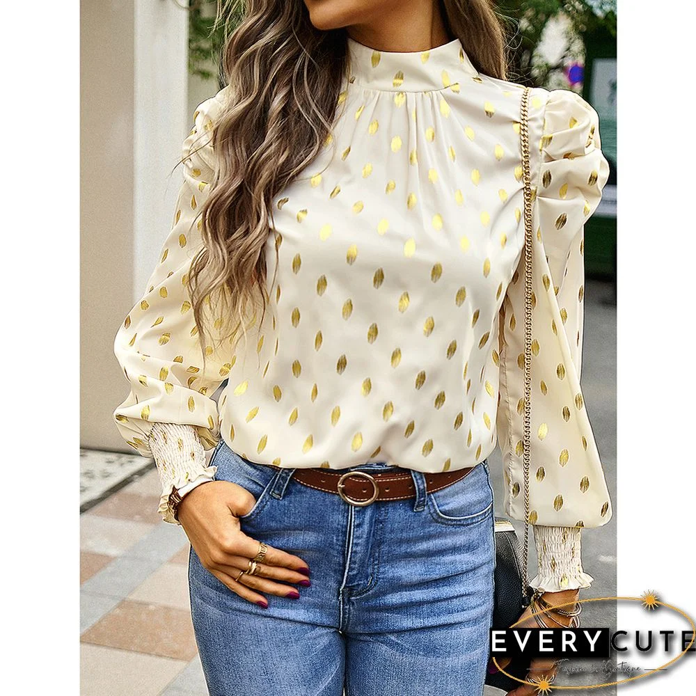 Khaki Polka Dot Pleated Cuffs Long Sleeve Tops