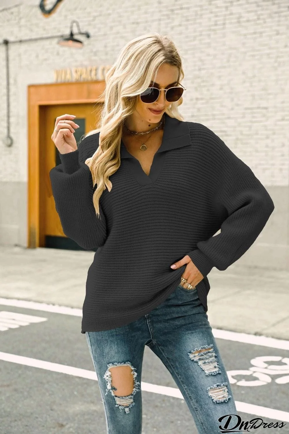 Horizontal Ribbing Johnny Collar Sweater