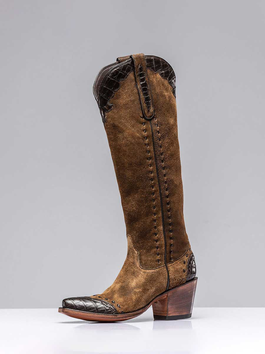 Brown Vegan Leather Snip Toe Stitched Block Heel Wide Calf Knee High Cowgirl Boots 