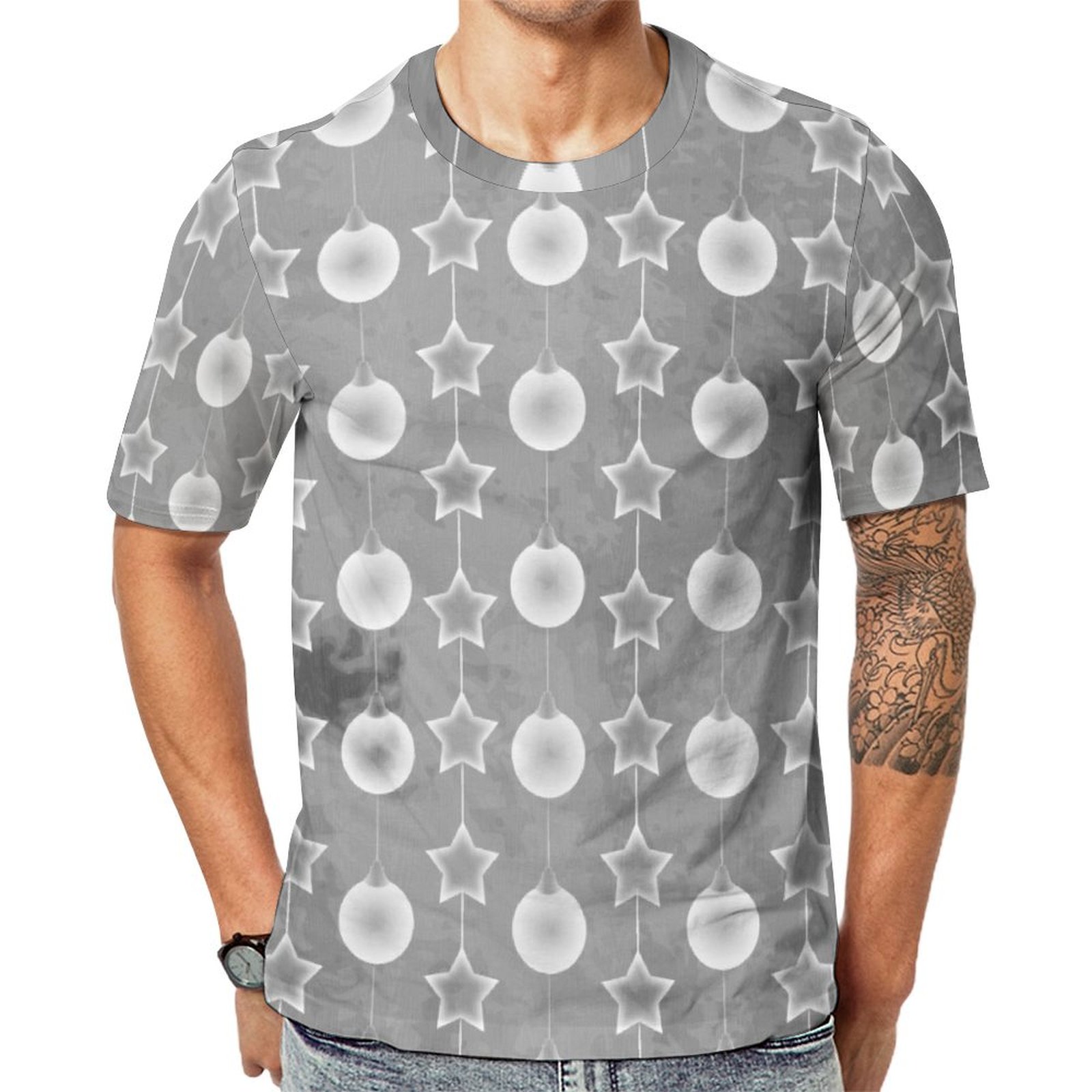 Gray And White Star Bauble Short Sleeve Print Unisex Tshirt Summer Casual Tees for Men and Women Coolcoshirts